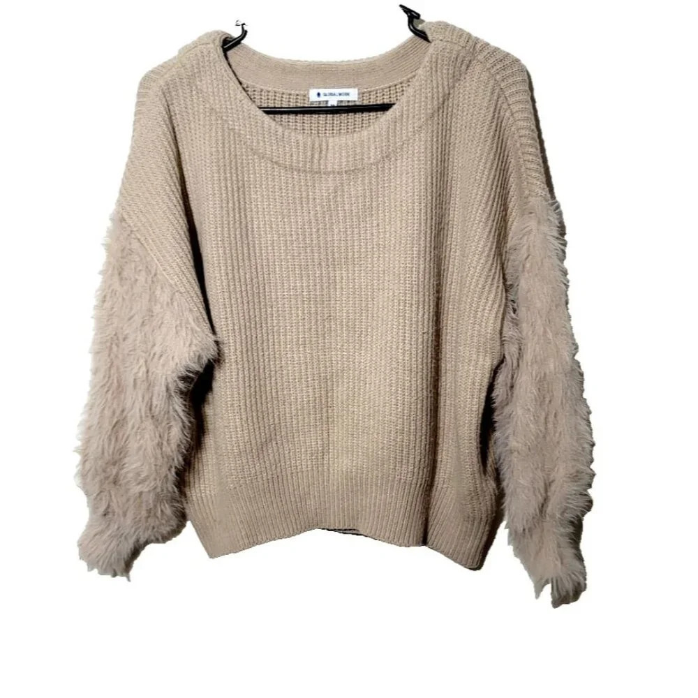 Global Work Japan Sweater M Tan Stretch Eyelash Knit Sleeve Quiet Luxury Classic